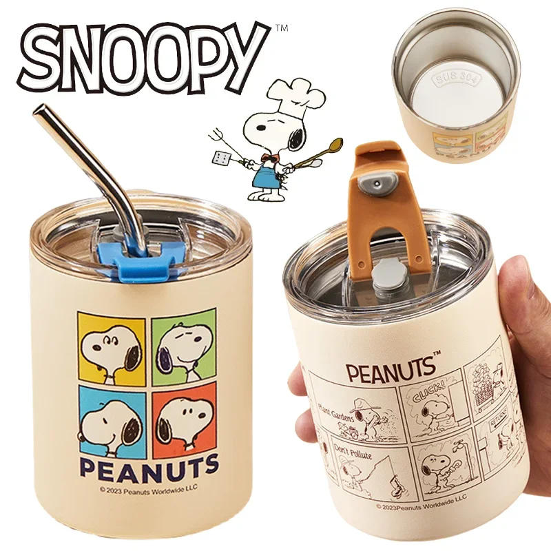 

350ml Snoopy Insulation Cup with Straw Fashion Stainless Steel Coffee Cups Portable Cartoon Travel Vacuum Cup Water Bottle