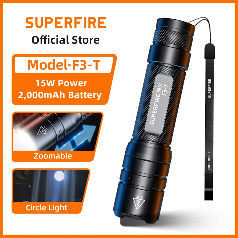 

SUPERFIRE F3-T 15 Вт светодиодные фонари высокой мощности телескопический зум-светильник USB перезаряжаемый фонарь с водонепроницаемым фонарем 18650 для рыбалки