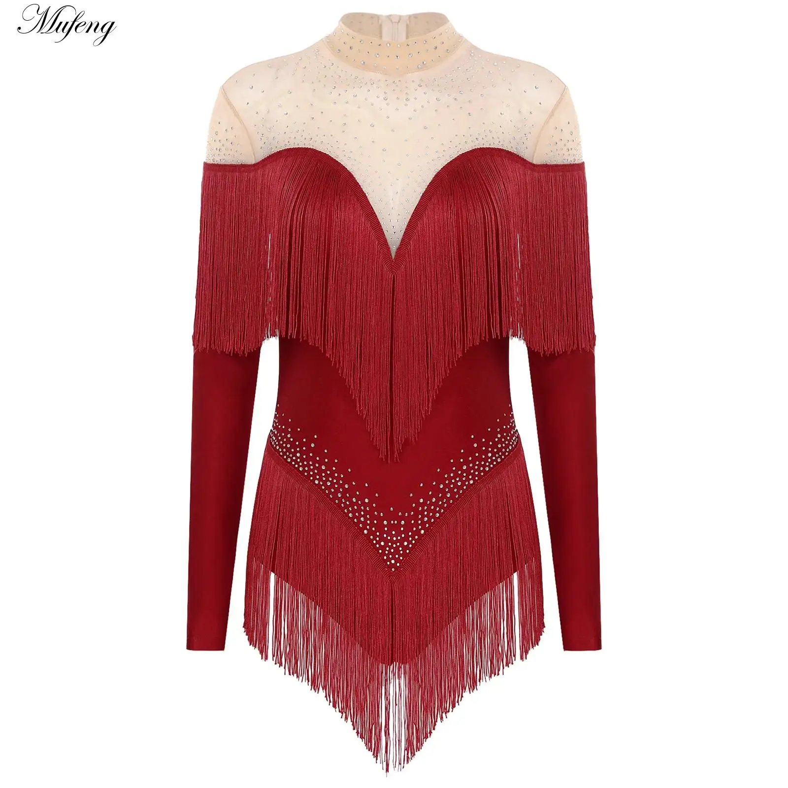 Rhinestone Tassel Leotard Dress for Women's Latin Jazz Dance Performance Clothes Ballroom Fringed Jazz Samba Tango Dresses
