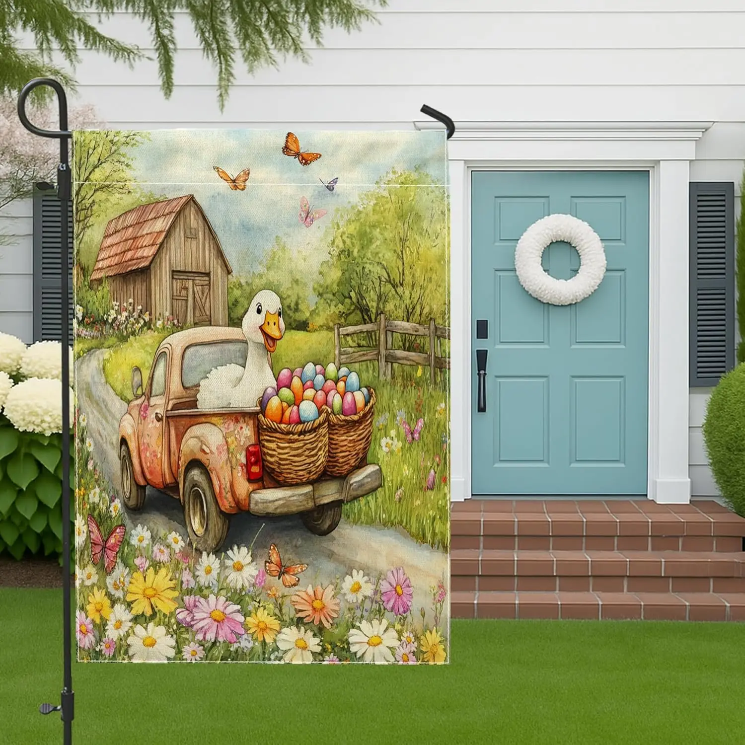 Spring Easter Goose Garden Flags 12x18 Inch Double Sided for Outside, Farmhouse Truck Fowl Eggs Pattern Standard Canvas Hous ZZM