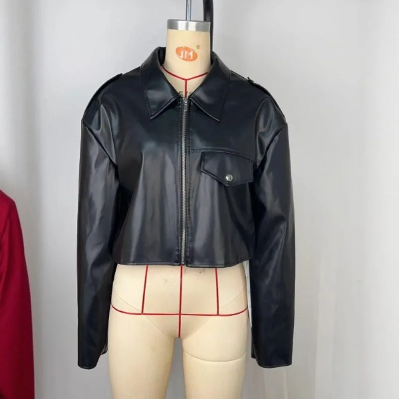 

Women Spring 2026 New Crop Leather Jacket Streetwear Casual Solid Color Black Casual Long Sleeve Button Short Jackets Outwear