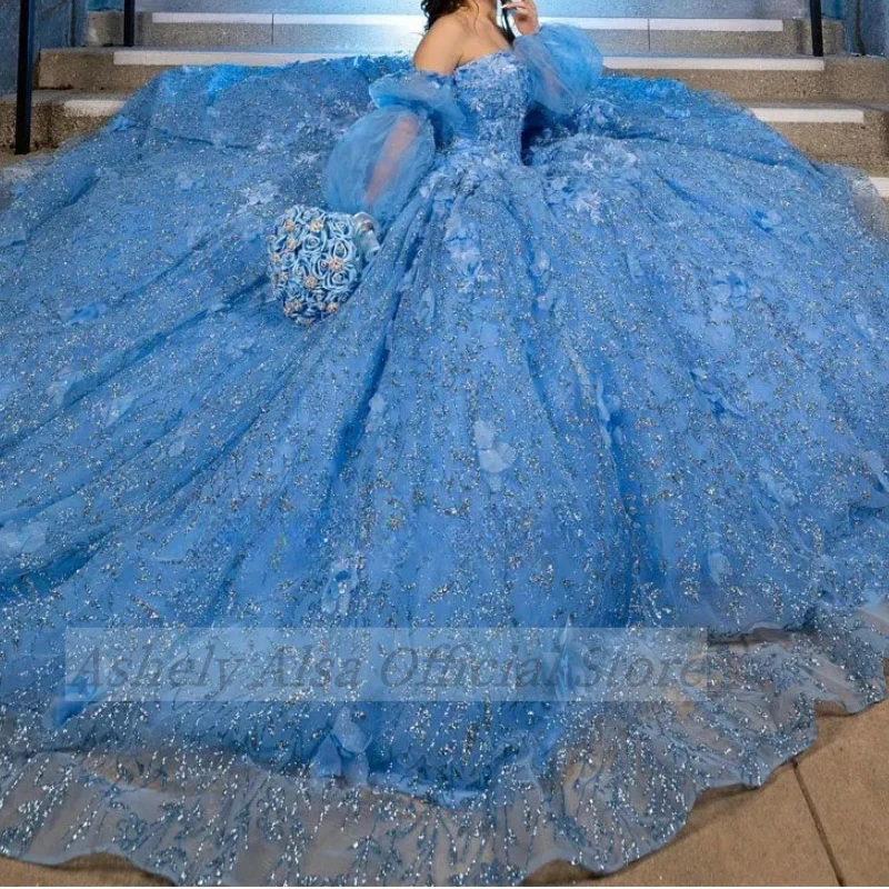 Custom Made Mexico Blue Shinny Quinceanera Dresses Illusion Sleeve Princess 16 Year Old Girl Party Prom Wear vestidos de 15 años