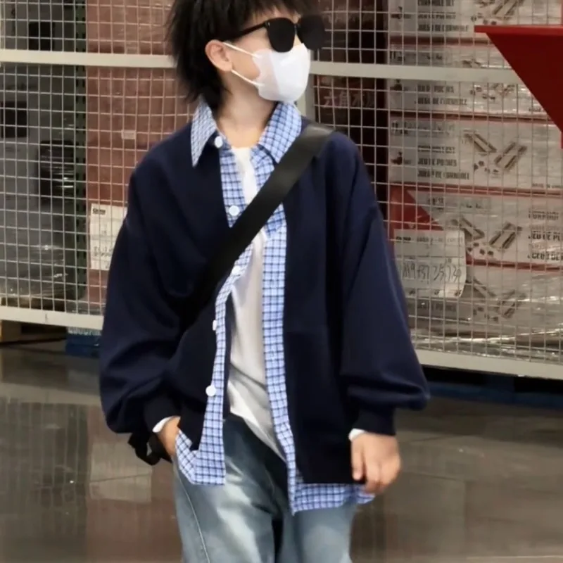 

Осеннее свободное пальто большого размера для мальчиков 2 в 1, многослойный кардиган, уличная одежда, стильная унисекс