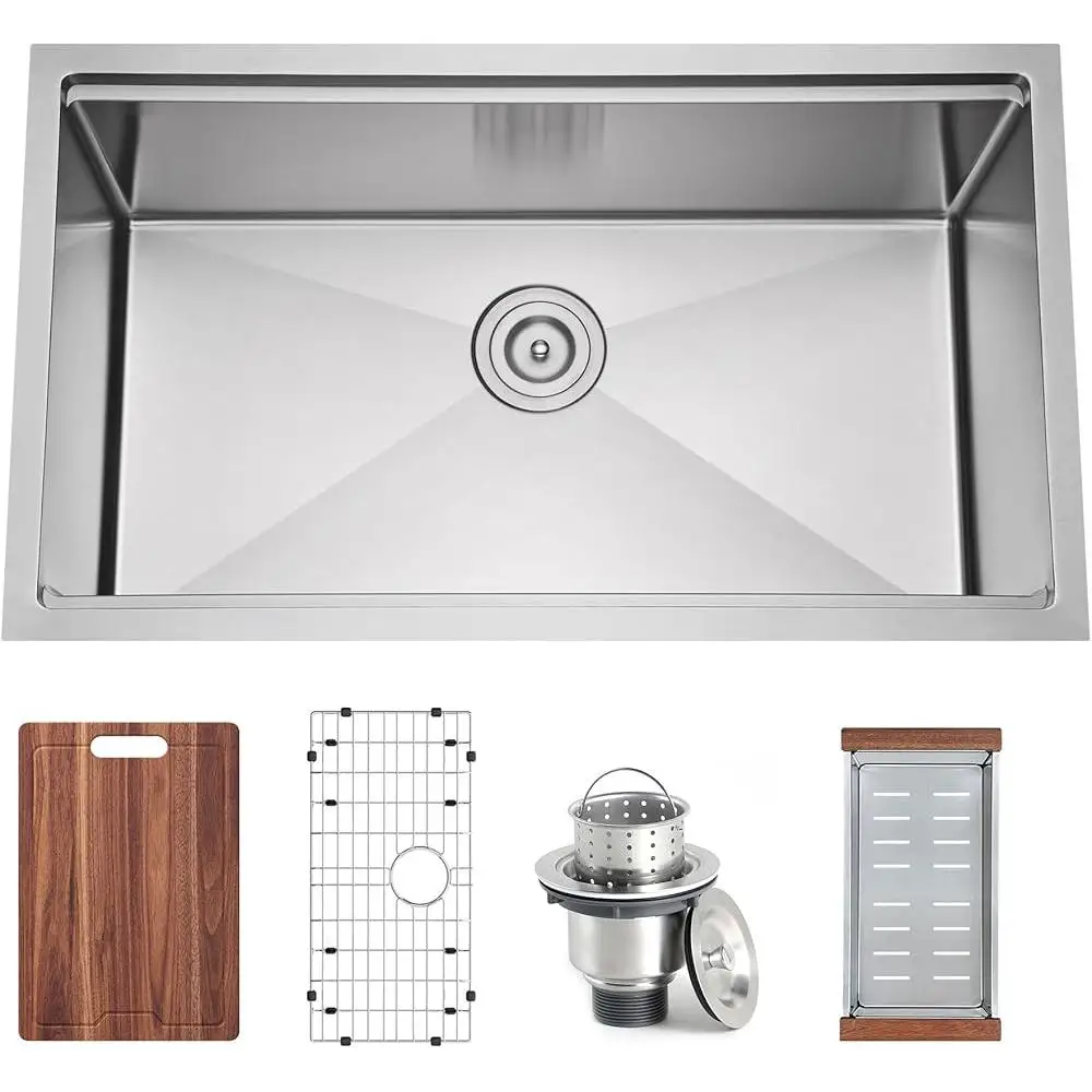 محطة عمل حوض المطبخ Undermount من الفولاذ المقاوم للصدأ مقاس 30 بوصة، وعاء واحد، ملحقات عازلة للصوت مصنوعة يدويًا عميقة