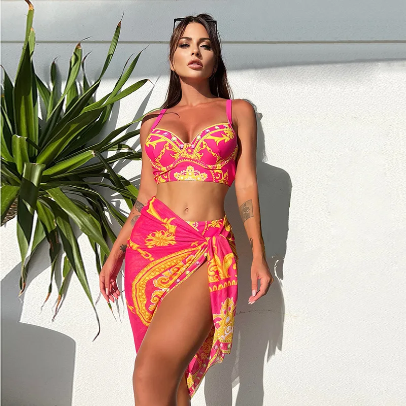 New Elegant Retro Printed Bikini Three Piece Set High Waisted Sexy Swimsuit with Cover Up Skirt for Hot Springs Beach Vacation