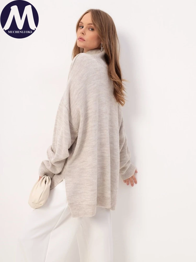 여성용 우아한 하이넥 니트 스웨터 긴 소매 가을 겨울 패셔너블 캐주얼 루즈 따뜻한 두꺼운 풀오버