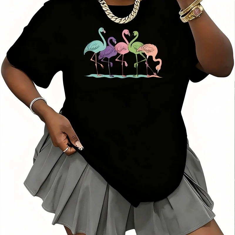 Expressions Five Flamingos in a Row Women's 100% Cotton T-Shirt Short Sleeve Top Casual Round Neck Fun Print Tee S-5Xl