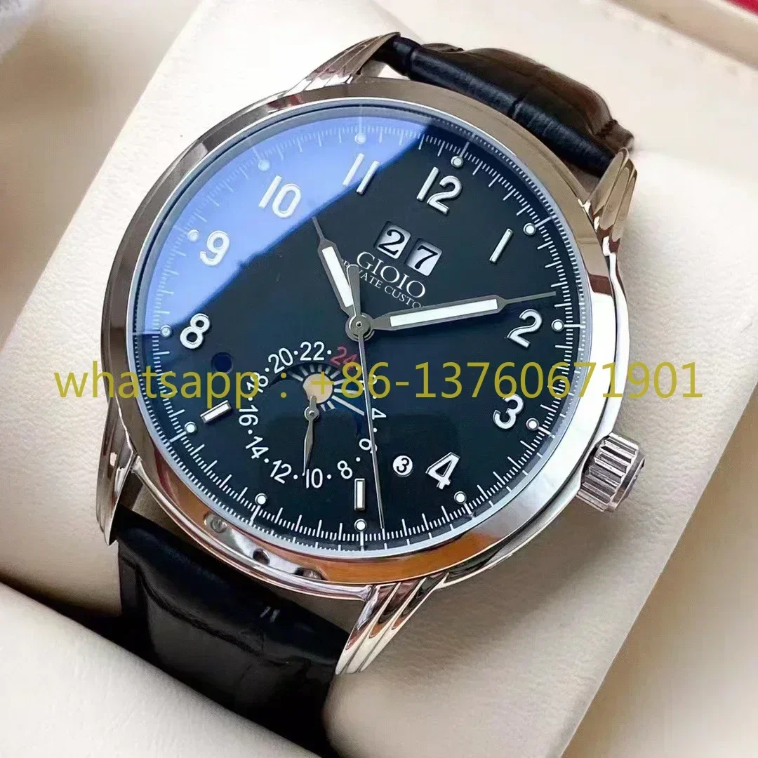 2023 New Mens Automatic Mechanical Watch Rose Gold Stainless Steel Black Leather White Dial MoonPhase Daydate
