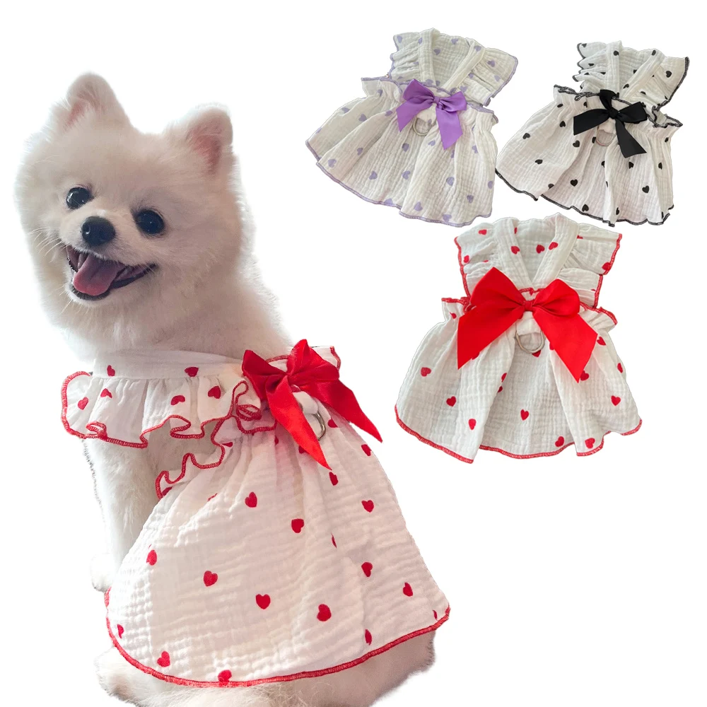 

Cotton Yarn Dress For Small Dogs ,Heart Print Dog Cat Dresses with Bow Decor ,Puppy Summer Clothes for Kittens Chihuahua