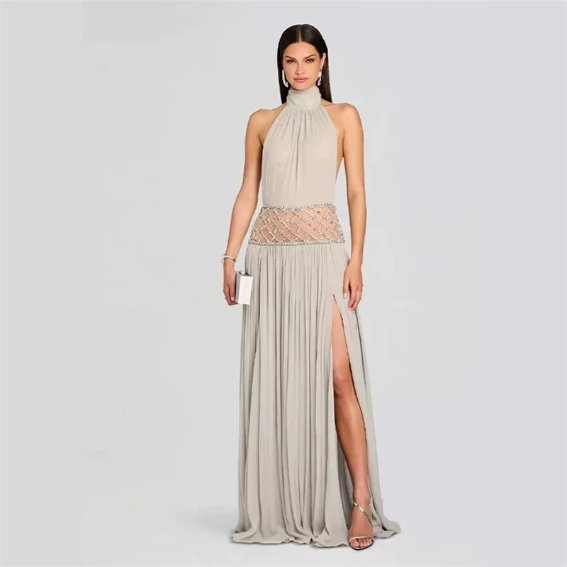 Luxury Crystals Prom Dress Sexy Hollow Sleeveless Backless Party Gown Long Formal Wedding Guest Birthday Evening Robe