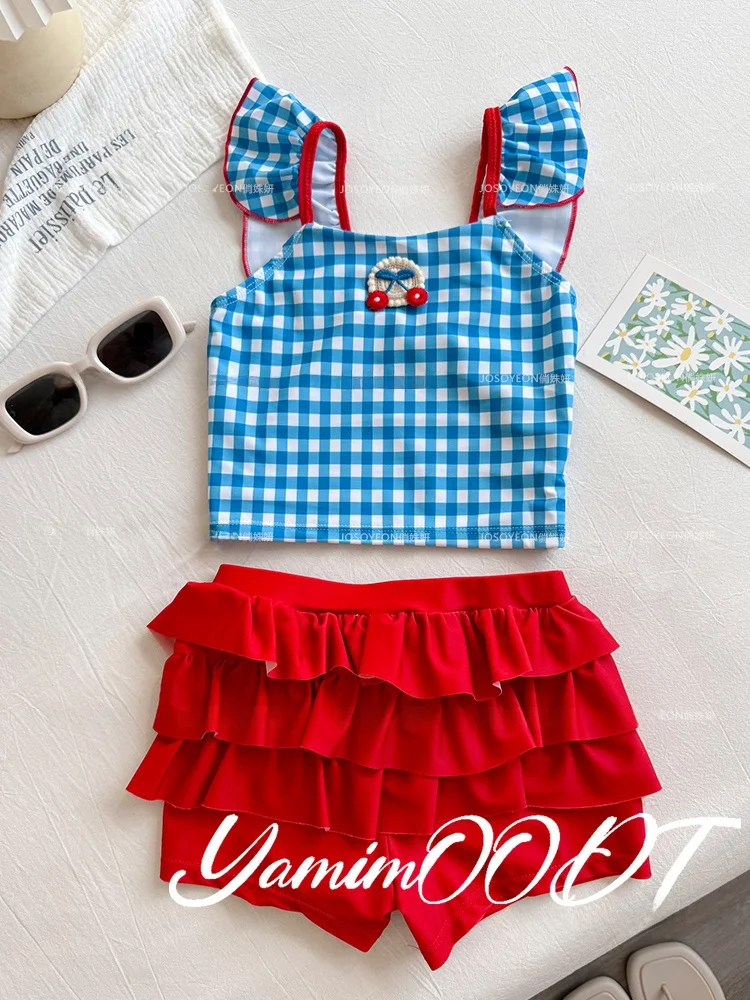 Girls' Swimming Suit Beach Vacation Princess Plaid Bikini Style Swimwear Children's Sport Fitness Fans Goods Cartoon Pattern
