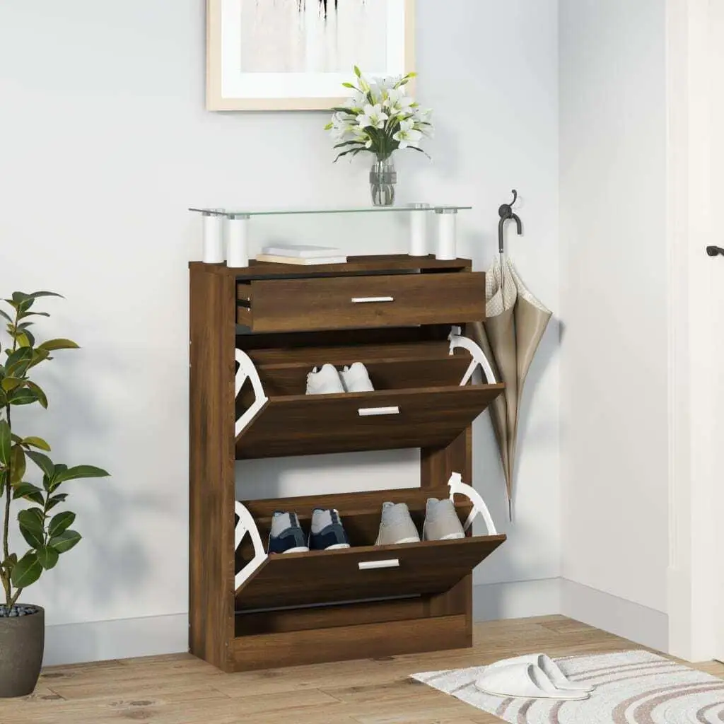 Brown Oak Shoe Cabinet 63x24x104 cm - Durable Engineered Wood Storage Solution