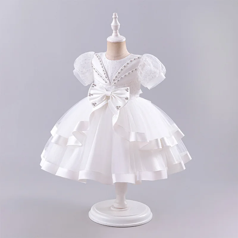 HETISO Princess Beading Baby Wedding Christmas Party Dress White Birthday Party Flower Girls Sweet Cute Ball Gown 2-7 Years