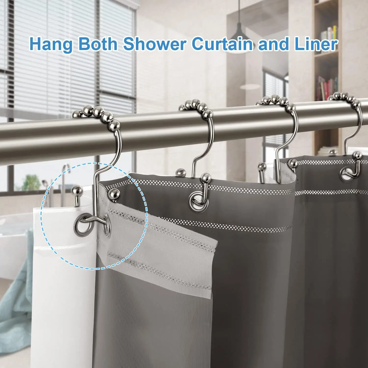 Shower Curtain Hook and Loop, Bathroom Double-Sided Shower Hook, Rust Proof, Durable Stainless Steel Shower Curtain Hanger