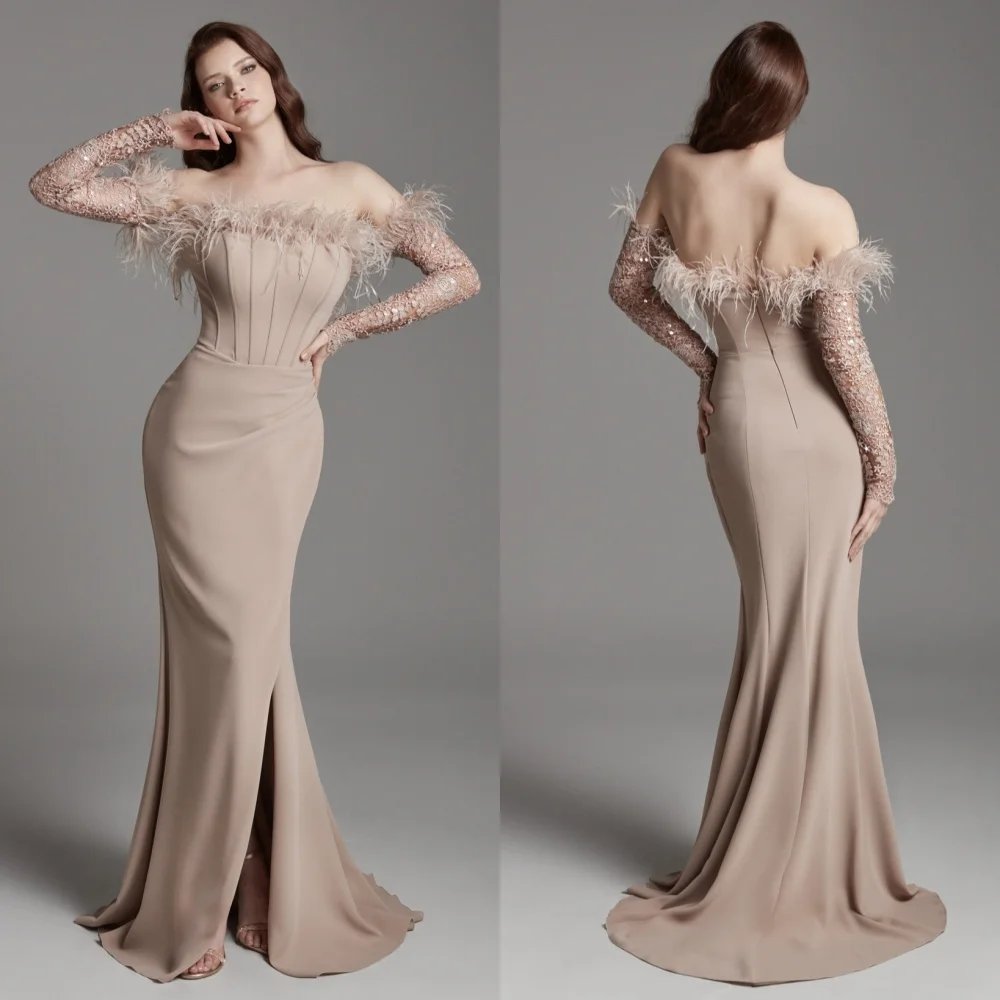 Jersey Feather Party Trumpet Off-the-shoulder Bespoke Occasion Gown Long Dresses