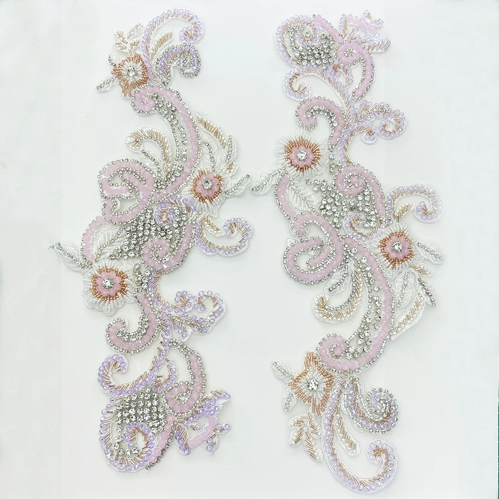 Hand Sew Rhinestone Beaded Lace Applique 1 Pair, Single Piece 37×15.5cm, Wedding Dress Cheongsam Evening Gown Decor Patch