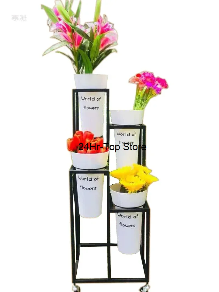 Nordic Flower Shop Flower Bucket Multi Layer Display Plastic Flower Bucket Ladder Movable Shelf Flower Rack Gold Plant Stand