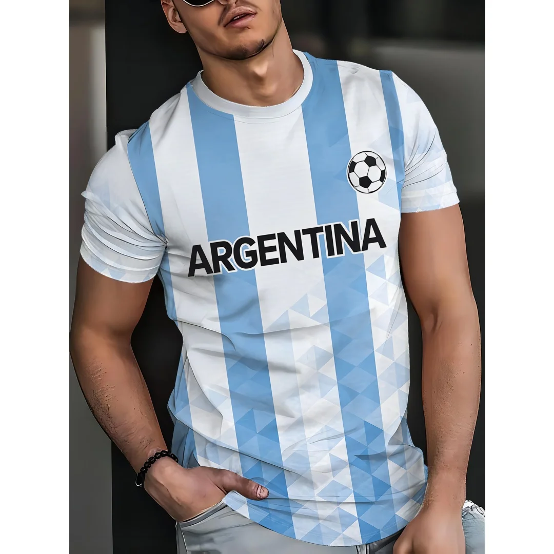 Camiseta de Hombre con Estampado de Rayas en Contraste al Estilo de la Selección Argentina, Camiseta Deportiva de Manga Corta para Fútbol Argentino, Ideal para el Fitness y el Uso Diario