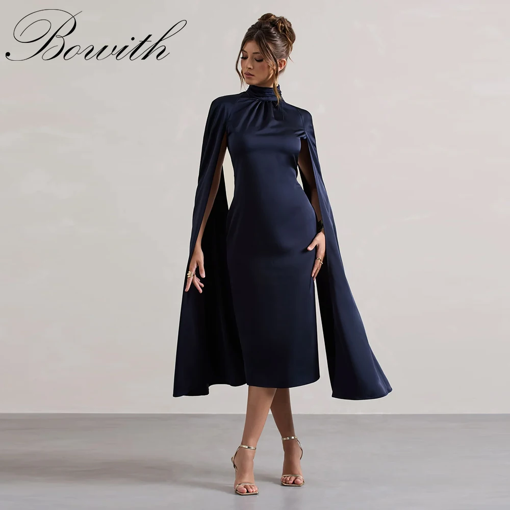 

Bowith Navy Blue Cape Sleeves Prom Dresses Customized High Collar Tea-Length Party Dresses Customized Banquet Dresses for Women