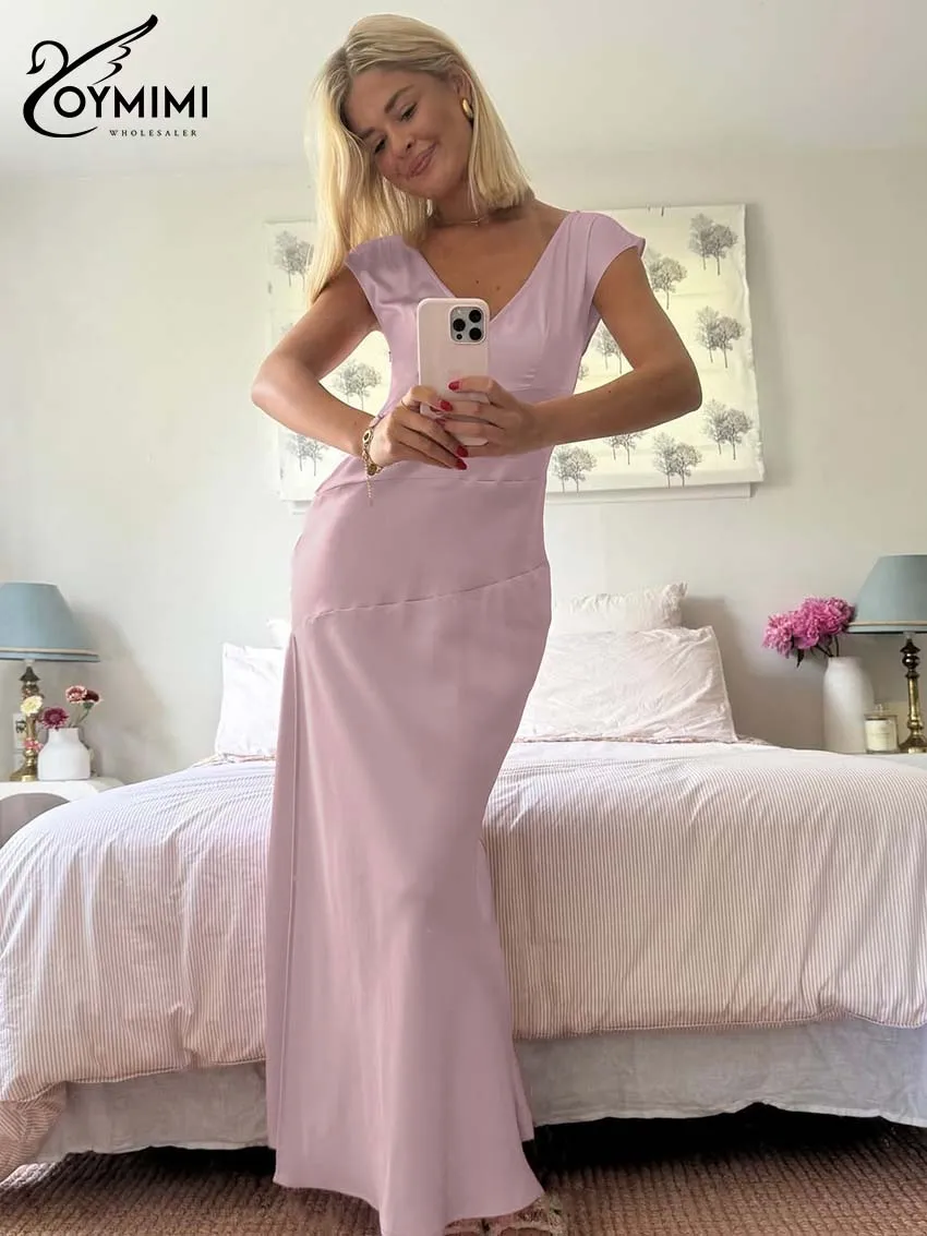 

Oymimi модные розовые тонкие платья 2025 женские элегантные однотонные платья без рукавов с v-образным вырезом повседневное женское платье до щиколотки с высокой талией