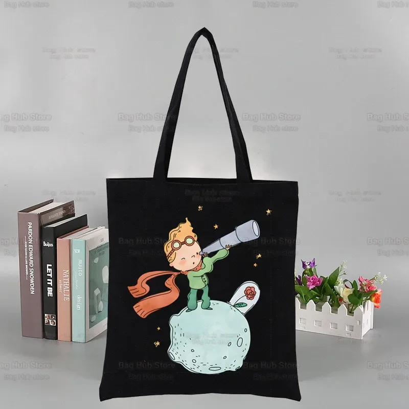 Little Prince Cartoon Black Art Canvas Bag Totes Print Fox Animal Fairy Tale Shopping Bags Girls Principito Casual Hand bag