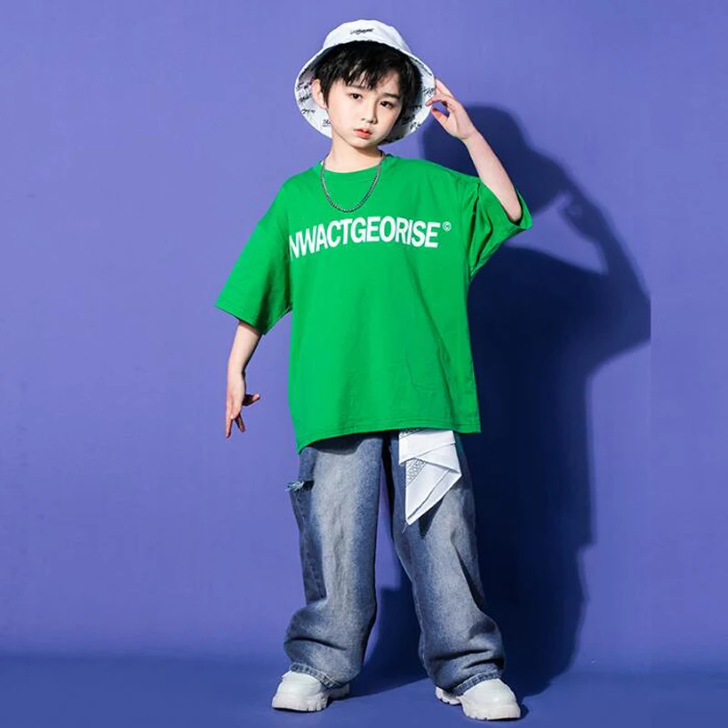 Teen Rave Outfits Hip Hop Clothing Green Tshirt Tops Streetwear Denim Pants For Kids Girls Boys Jazz Dance Costume Clothes