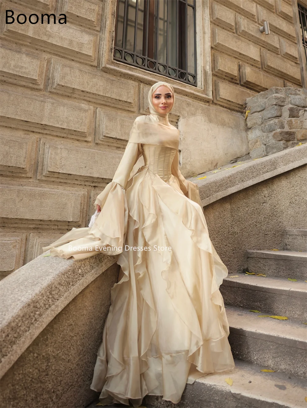 Booma أنيقة مطوي س الرقبة ألف خط فساتين رداء حفلات رسمية للنساء كم طويل فستان حفلات بسيط تخصيص 2025