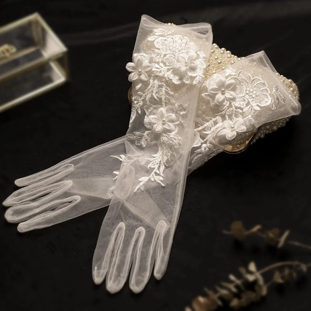 جديد Bowknot ثوب الزفاف القفازات شبكة التطريز قفازات الزفاف زي قفازات هدية