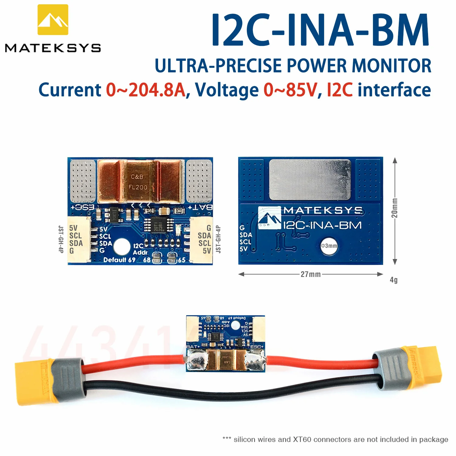 MATEK Mateksys ULTRA-PRECISE I2C POWER MONITOR,I2C-INA-BM Voltage sense 0~85V ±0.1% Current Sense 0~204.8A ±2% for RC FPV Drone