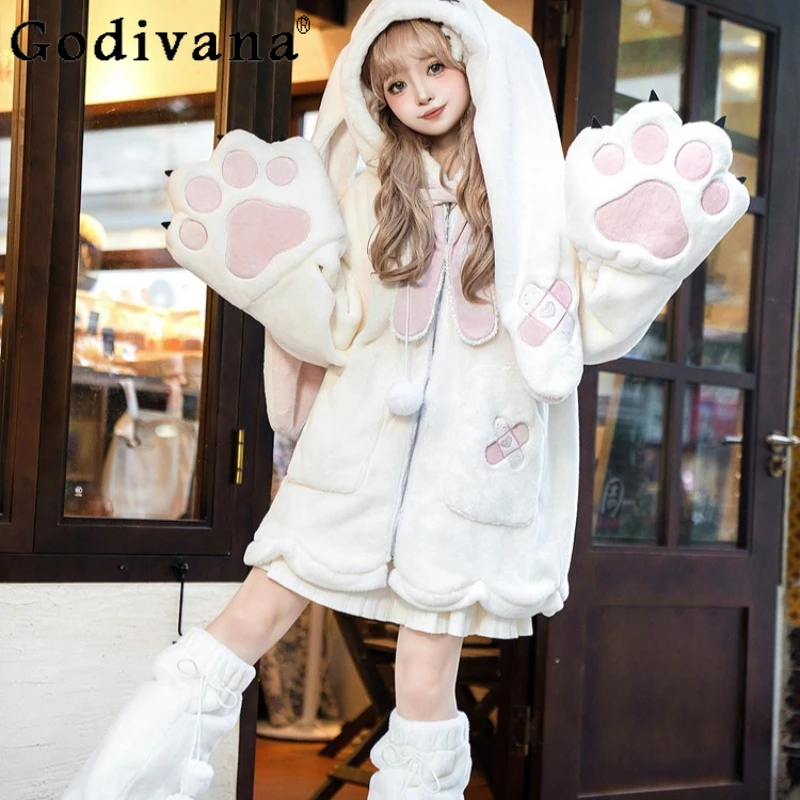 

Original Lolita Black Bunny Ears Coat Women's Sweet Girl Cute Furry Hooded Jacket Female Autumn Winter Long Sleeve Thick Coat
