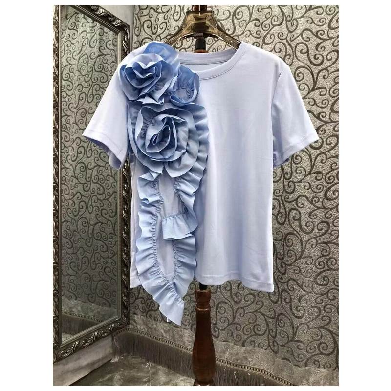 Fashion Three-Dimensional Flower T-shirt Women's 2024 Summer Loose Comfort Round Neck Short Sleeve Tops Solid Color T-Shirts