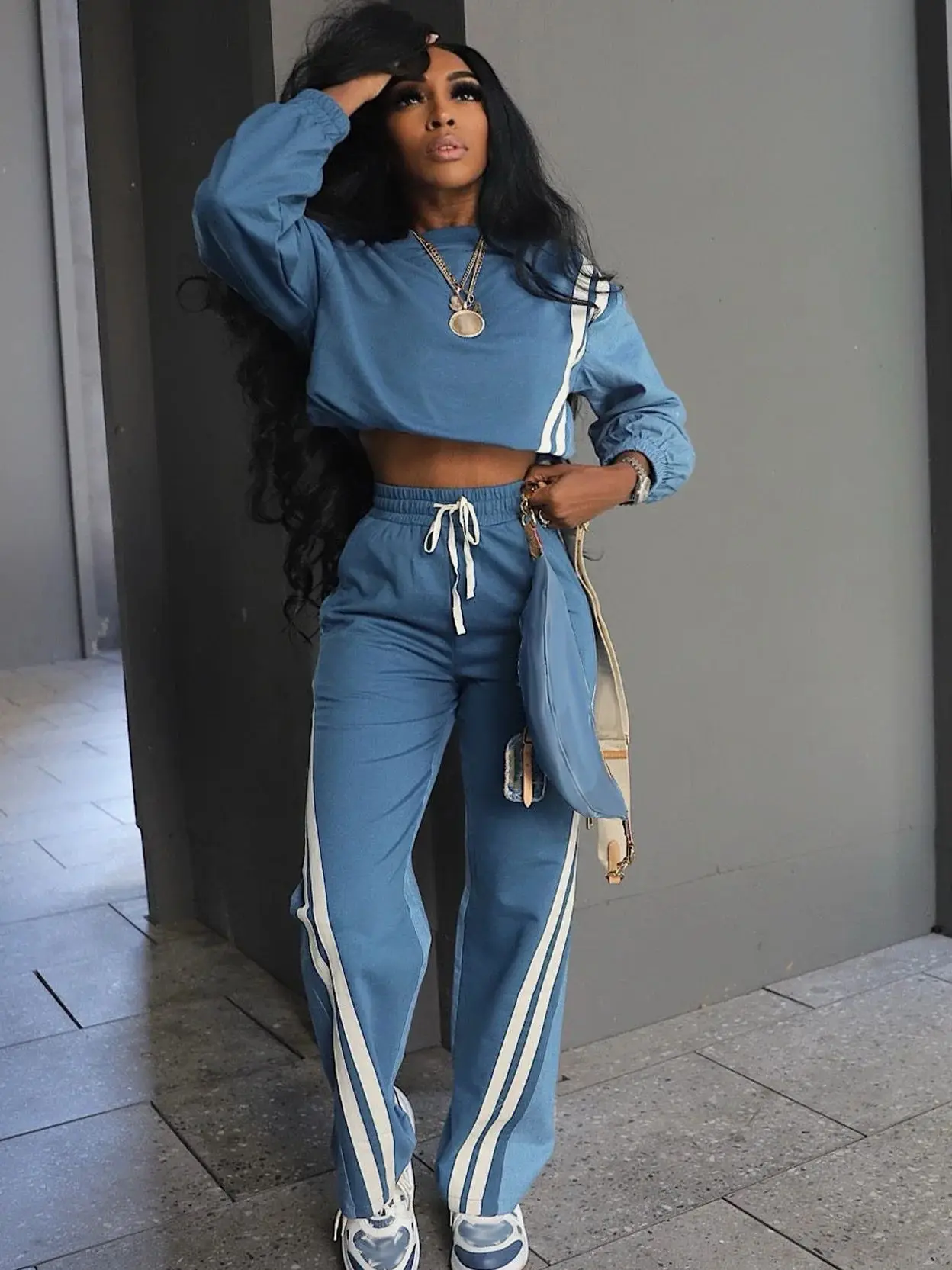 Weird Puss Herbst Trend 2-teiliges Set Damen Streifen Patchwork Vollarm Pullover + Kordelzug Hose Lässiger sportlicher Straßentrainingspak