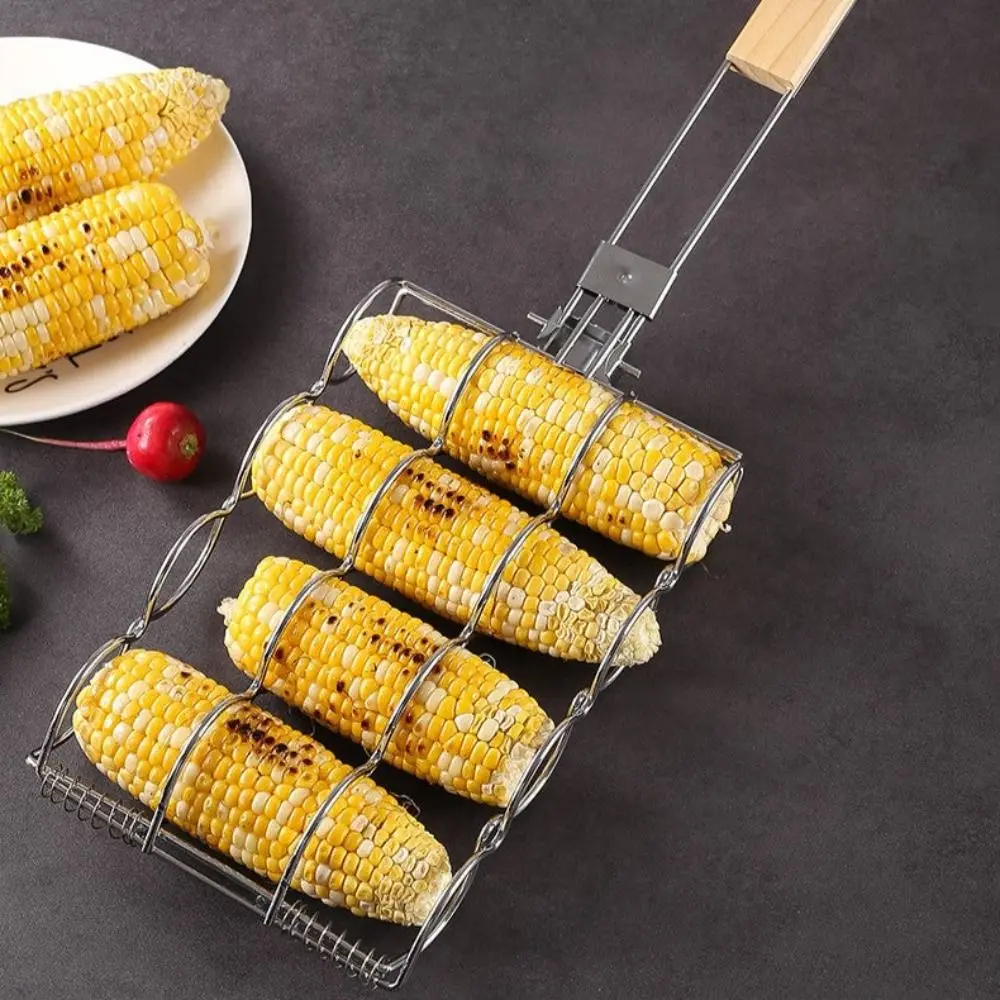 Creativity Stainless Steel Corn Grilling Basket Folding with Wood Handle BBQ Grill Grilling Outdoor Camping Cooking Grill Tool