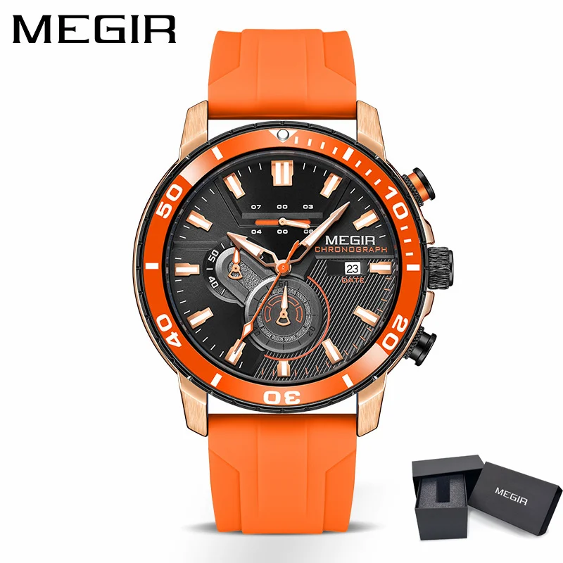 MEGIR 2224 Men's Quartz Watch Sport Fashion Creative Waterproof Silicone Strap Chronograph Night Light Date Watches for Man