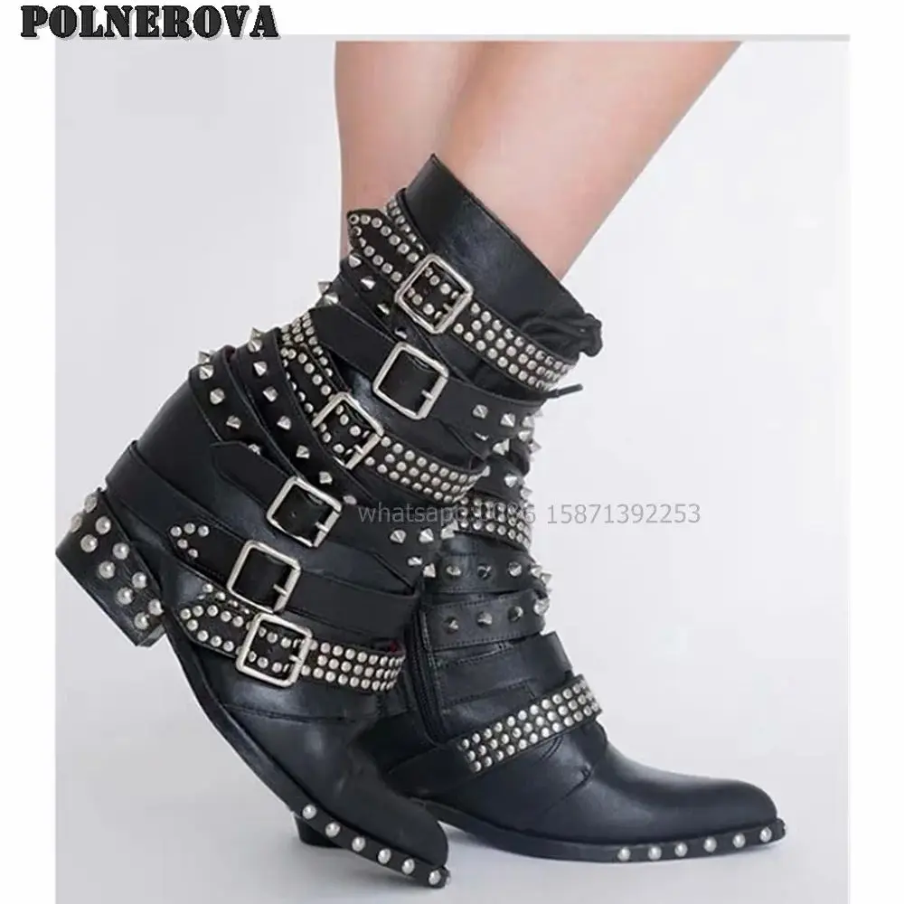 

Rivet Belt Buckle Ankle Boots Pointed Toe Square Heel Solid Zipper Punk Motorcycle Boots Large Size Heavy Work Shoes 2024 Autumn