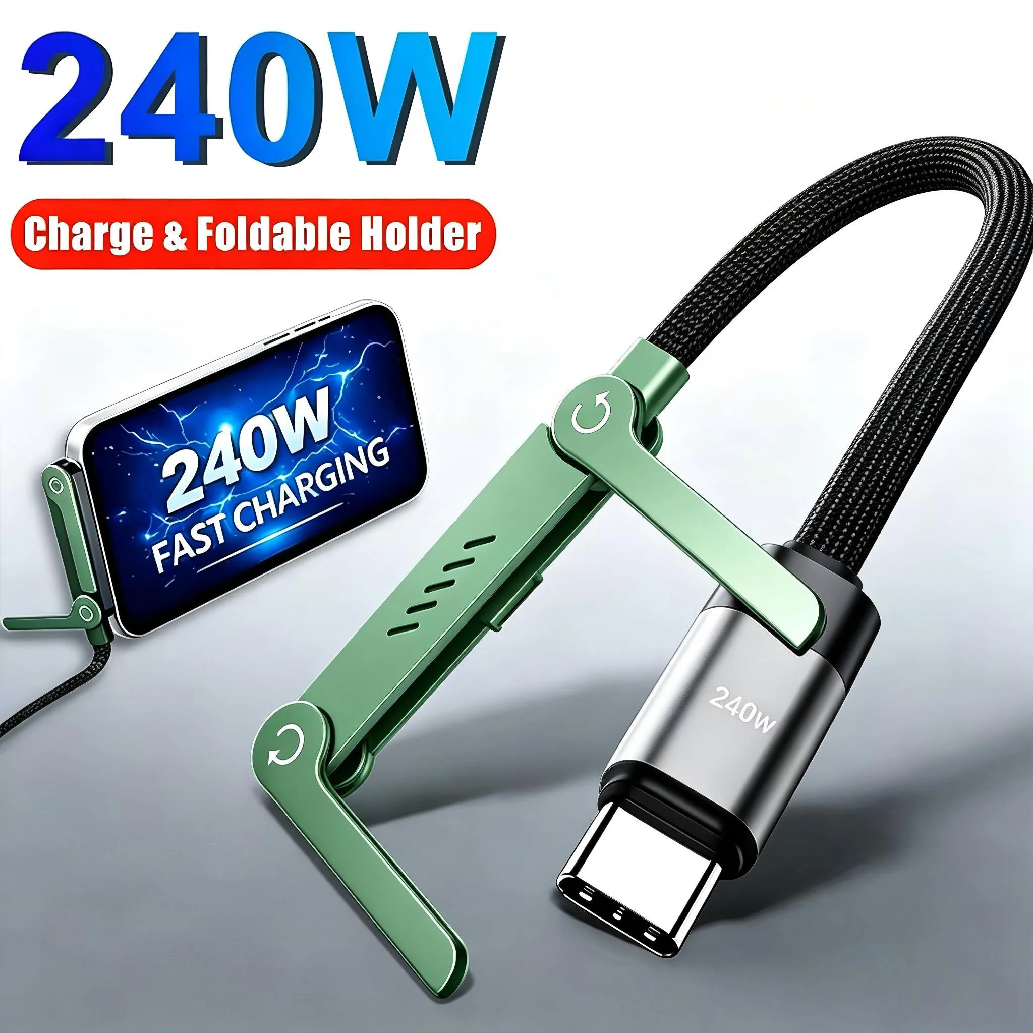 240W 2-in-1 Type-C Charging & Data Cable Fast-charging cable and desktop stand compatible with Huawei, Xiaomi, Samsung devices.