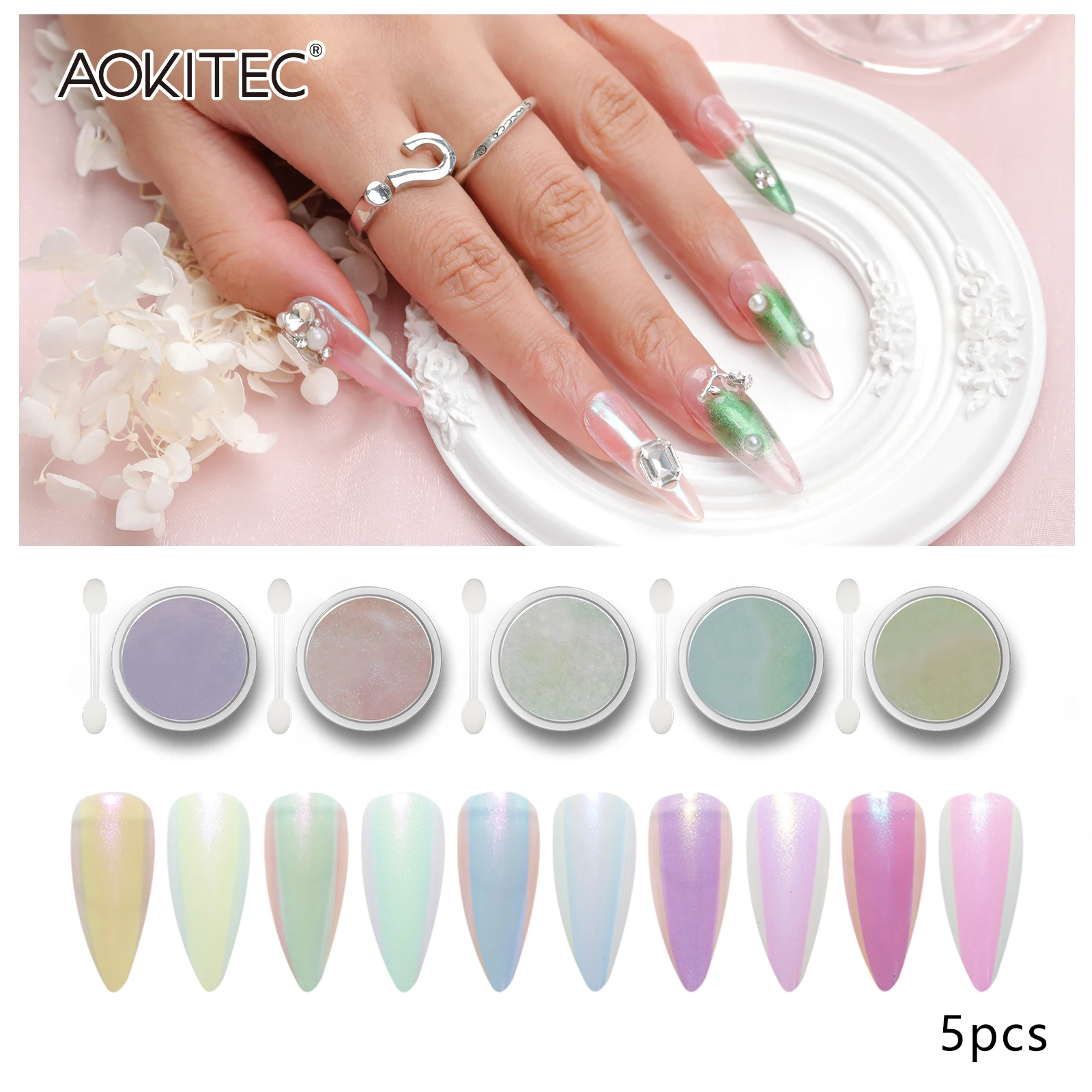 

Aokitec 5/10pcs Chrome Nail Powder Set Magic Mirror Powder Pearl Laser Polish Pigment Solid Moonlight Pigments For Nails