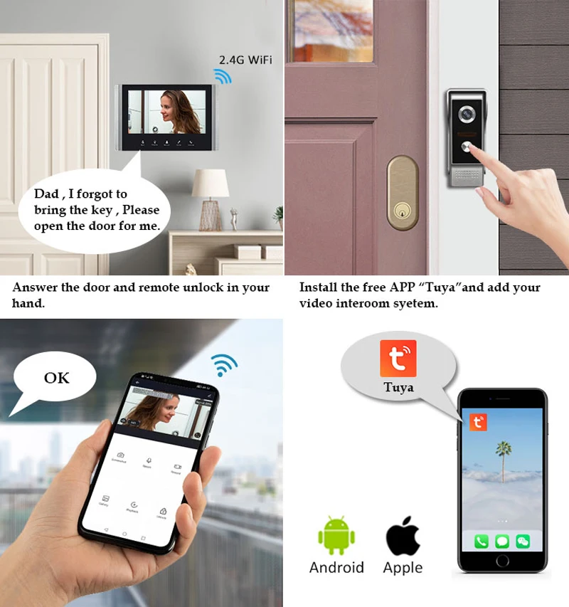 WiFi Video Intercom with Lock for Home Remote Access Control Villa Apartment Wired Tuya Smart Video Door Phone Doorbell Camera