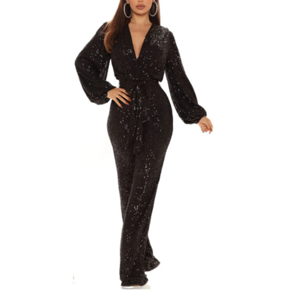 Women's New Fashion Long Sleeve Sexy Plunge V Neck Loose Jumpsuits with Belt Femme Sequins Casual Party Prom Evening Gowns Cloth