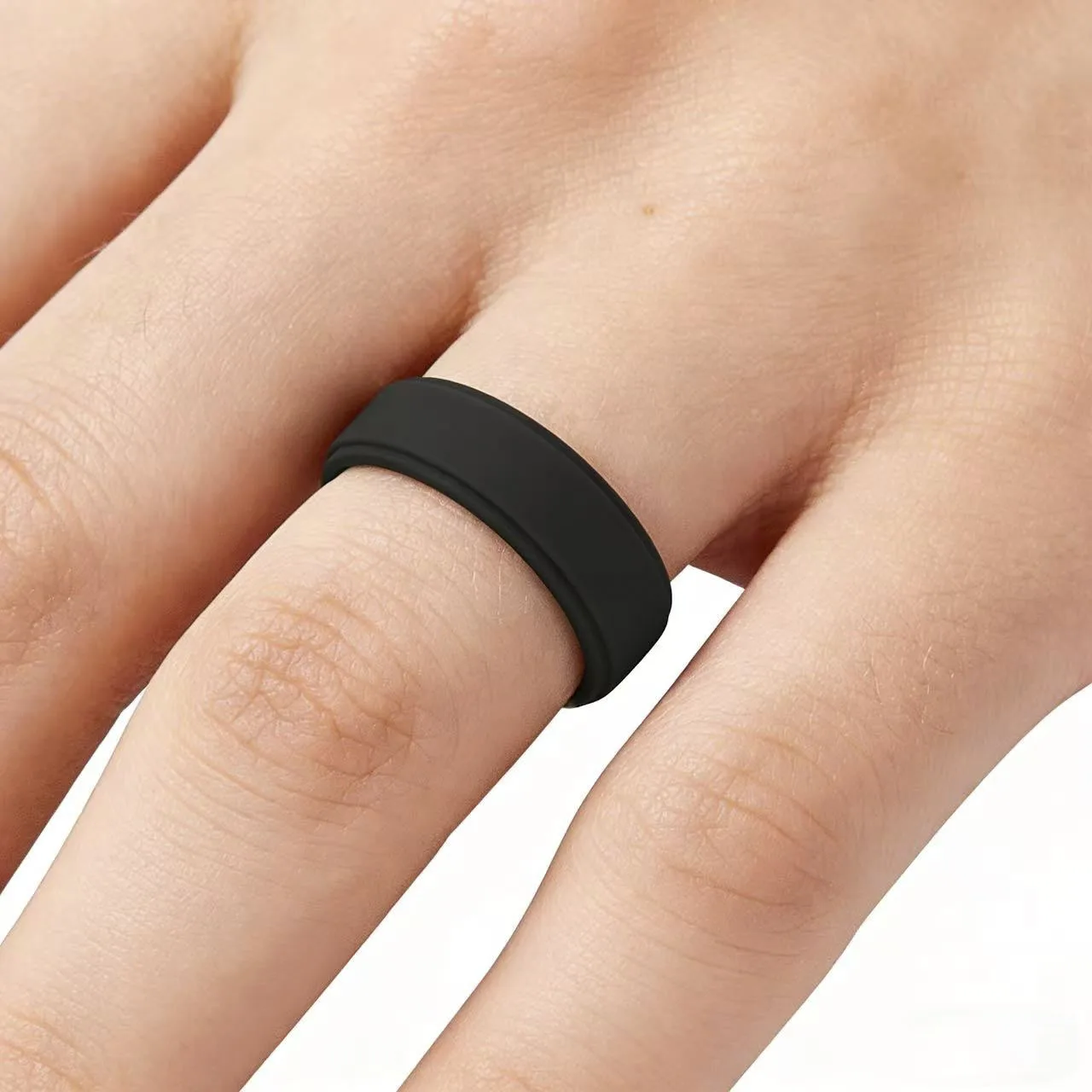 2pcs Soft Comfort Men Silicone Wedding Ring Bands with Grooves Stylish Black Rings for Husbands Fathers Perfect Gift for Sports