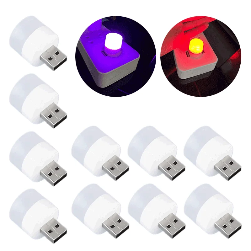 10pcs USB Plug Lamp Mini LED Night Light Power Bank Charging Book Lights Small Round Car Atmosphere Lamp Car Decoration Ornament