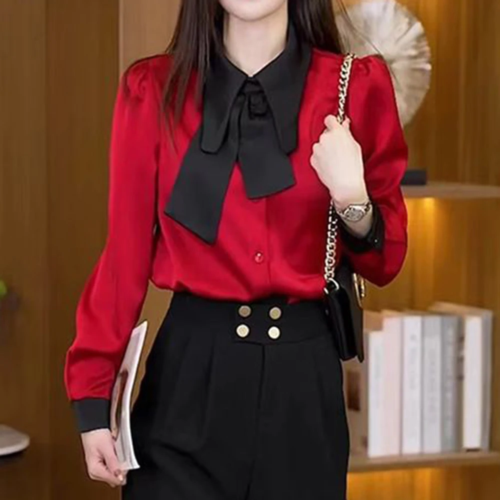 Spring new French chic forged streamer shirt 2026 high-end splicing contrasting color simple Korean version long sleeve