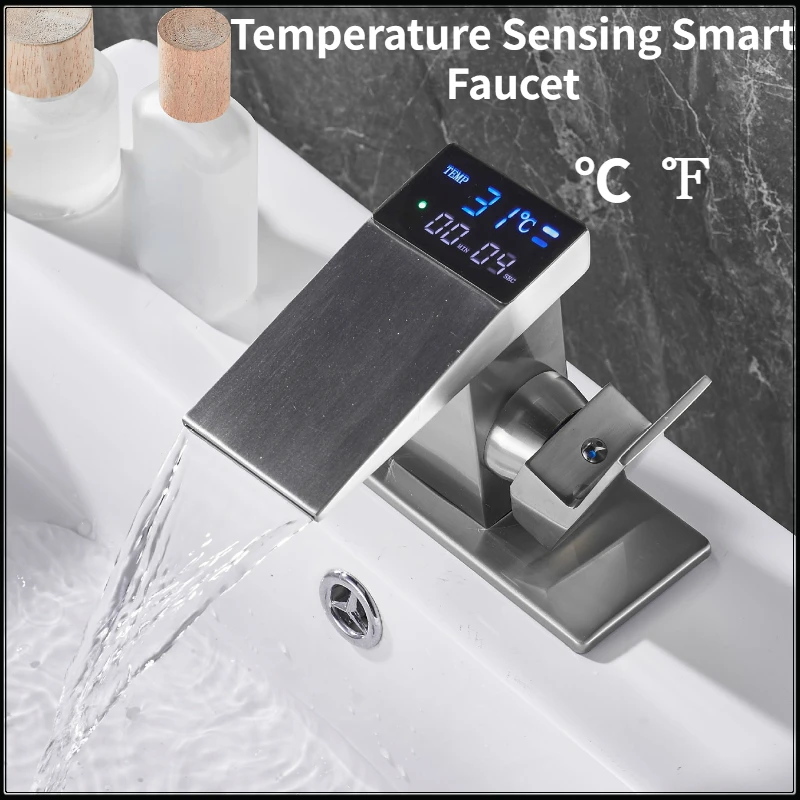 

Luxury High Tech Digital Display Faucet ℉℃ Bathroom Basin Temperature Sensor Faucet Kitchen Sink Mixer Tap Vanity Waterfall Tap