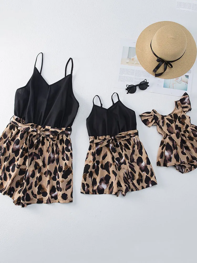 

2022 Summer Parent-child Jumpsuit Leopard Print Suspenders Family Parent-child Mom and Dad Girls Spot mommy and me clothes