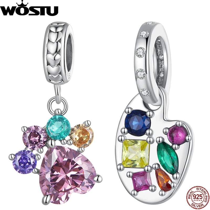 

WOSTU 925 Sterling Silver Colorful Zircons Paw Bead Palette Pendant Fit Original Bracelet Sweet Mother's Day Fine Jewelry Gift