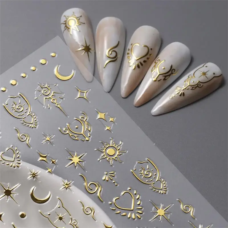 Gold Plated สติกเกอร์เล็บกระจก Glitter ทองเงินเล็บ Decals Sun Moon Star Vintage Totem Sunset ตกแต่งเล็บเล็บ