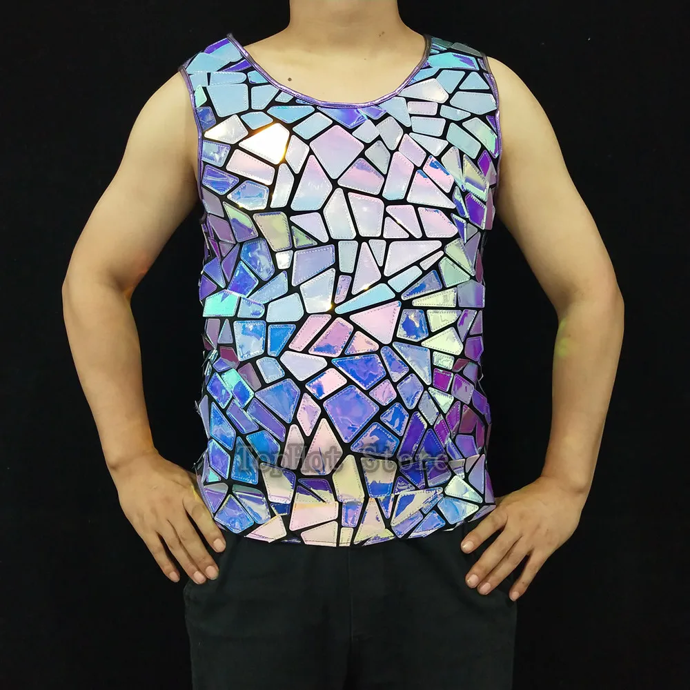 

Фиолетовый, серебристый, лазерный зеркальный жилет для певца, бара, концерта, сценического выступления, ночного клуба, Хэллоуина, вечеринки, топ с блестками, танцевальный костюм