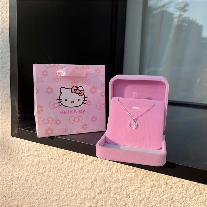 Kawaii hallo kitty sanrio rosa kristall halskette silber legierung anime schmuck kette weiblicher anhänger valentinstag zubehör mädchen geschenk