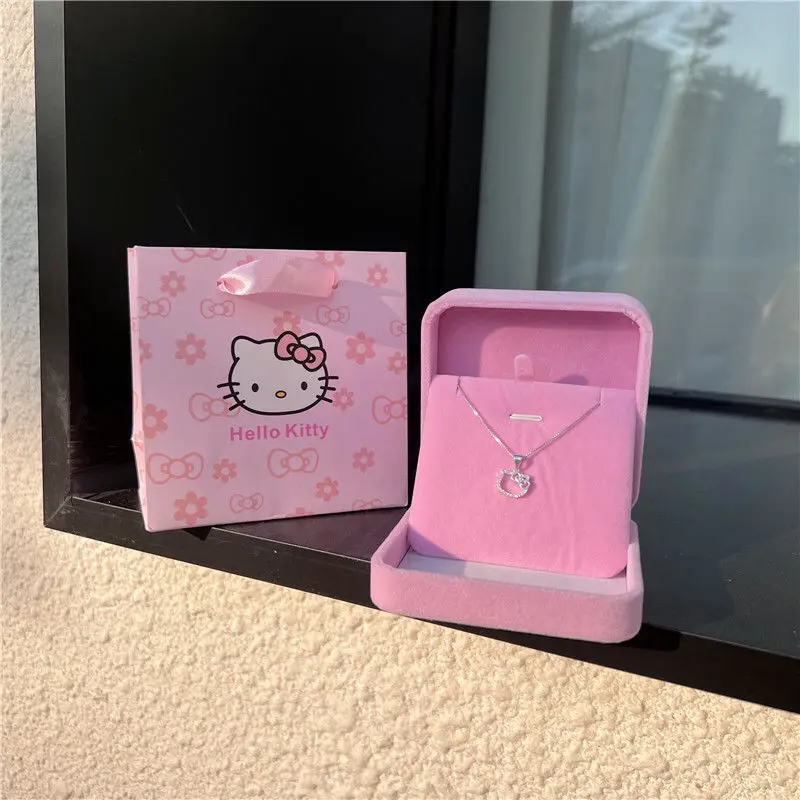 Kawaii Hello Kitty Sanrio Pink Crystal Necklace Silver Alloy Anime Jewelry Chain Female Charm Valentine Accessories Girl Gift