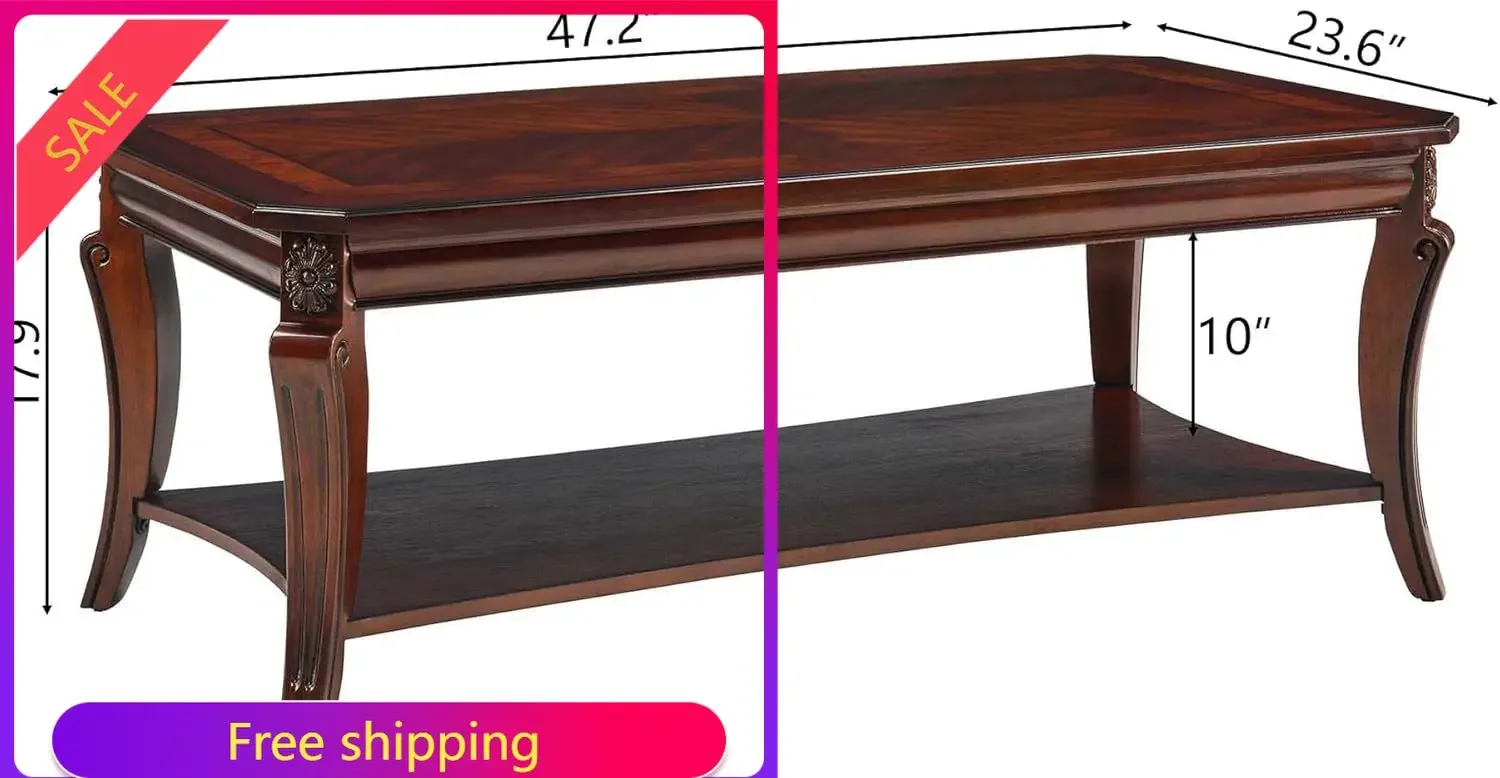 Rectangle Coffee Table for Living Room, Solid Wood Coffee Table with Storage Shelf, Traditional Distressed Farmhouse Style with